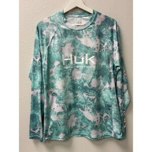 HUK‎ Performance Fishing Long Sleeve Shirt Mossy Oak Fracture Green Camo M
